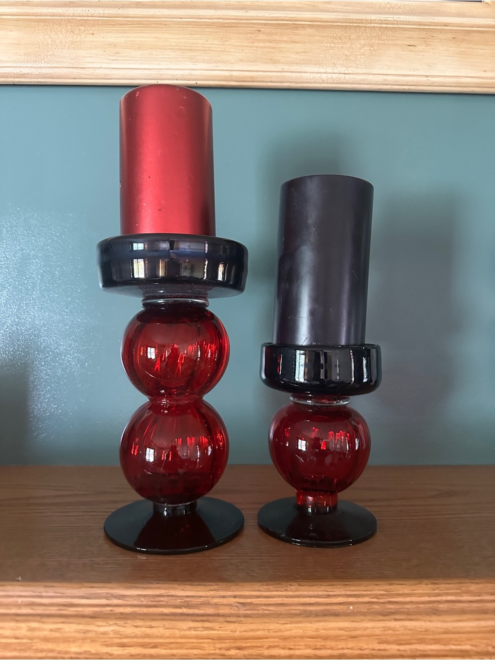 Red Glass Double-Bubble Candle Holders (Set of 2)